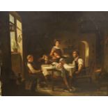19th century German School, oil on zinc panel, Interior with family around a table, 42 x 49.5cm