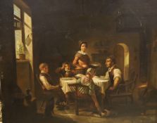 19th century German School, oil on zinc panel, Interior with family around a table, 42 x 49.5cm