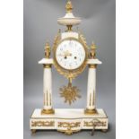 A large French white marble portico clock with ormolu decoration and sunburst pendulum, 59.5cm tall