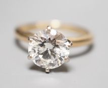 A 14k yellow metal and solitaire diamond ring, the stone weighing 2.04ct, size J/K, gross weight 3.1