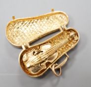 A modern 9ct gold charm, modelled as a violin in case, 26mm, 6.1 grams.