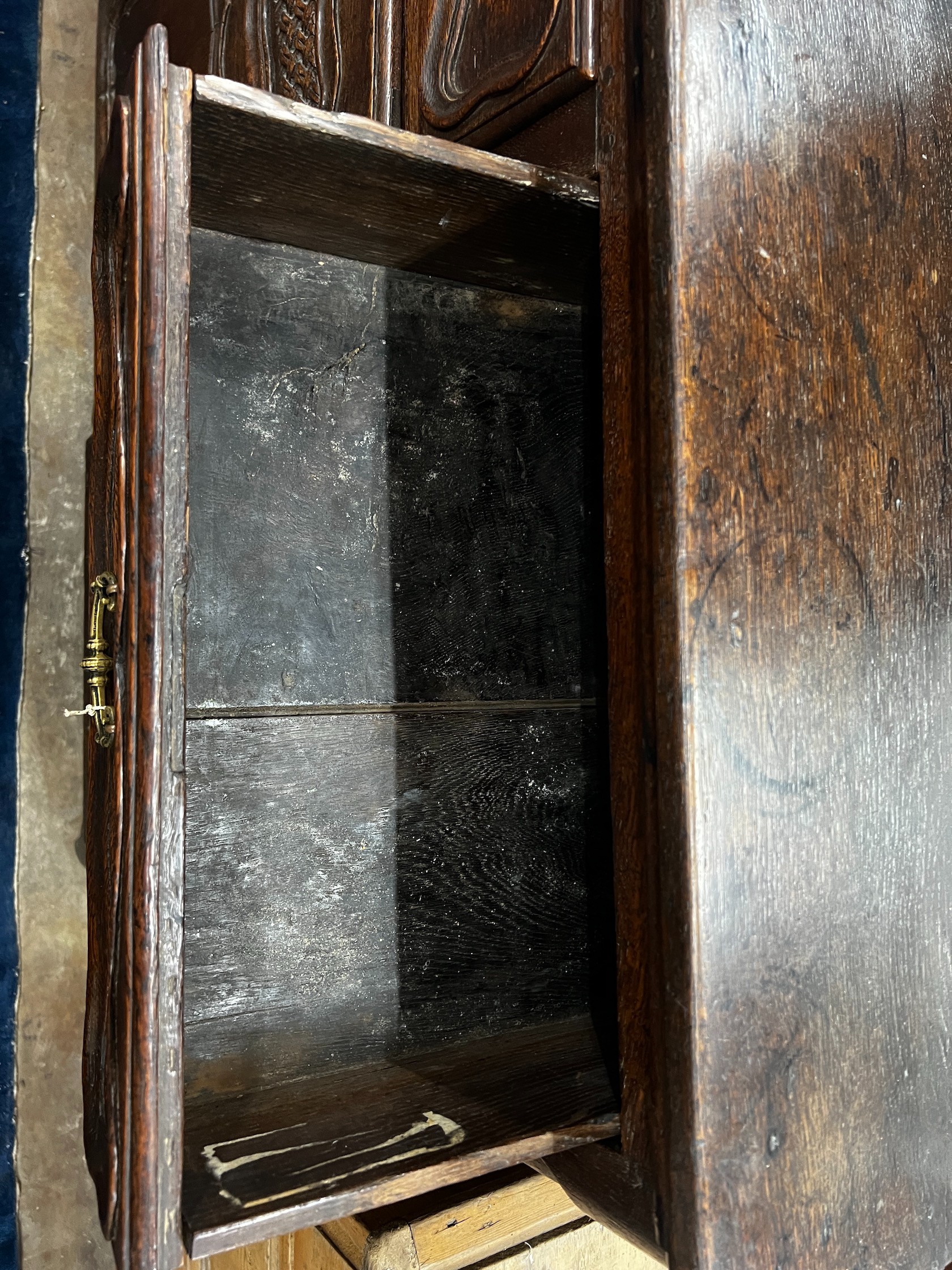 An 18th century French Provincial oak buffet, lacking two feet, width 171cm depth 48cm height 110cm - Image 4 of 4