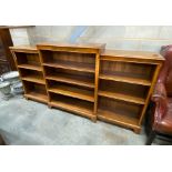 A mahogany open dwarf breakfront bookcase, width 213cm, depth 33cm, height 115cm