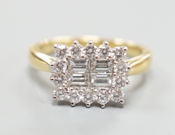 A 750 yellow metal, baguette and round cut diamond set rectangular cluster ring, size M, gross - Image 2 of 6