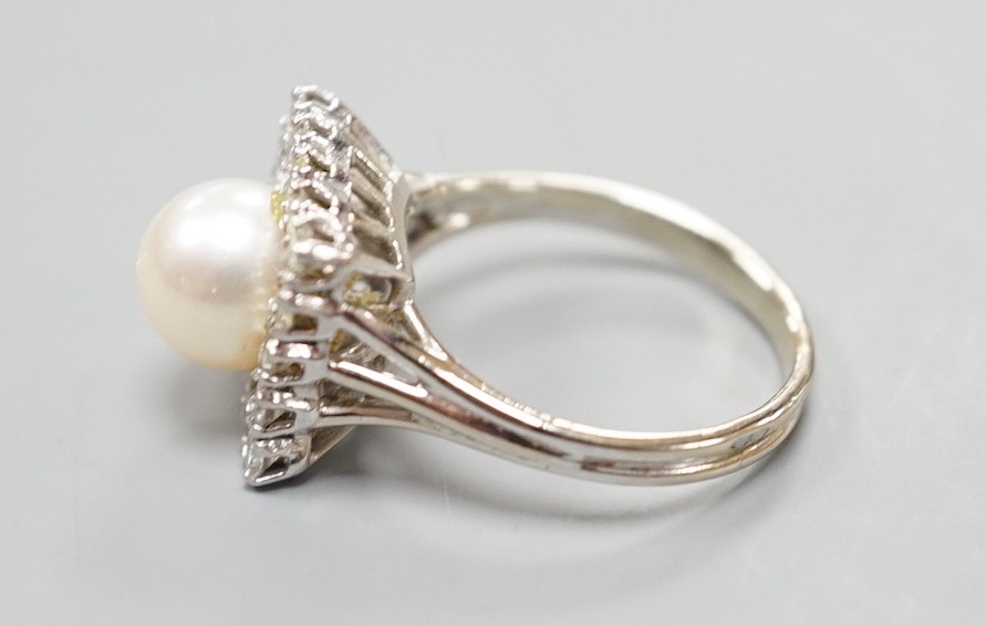 A white metal, cultured pearl and diamond set square cluster ring, size M, gross weight 5.5 grams. - Image 4 of 6