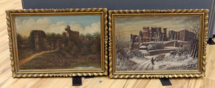 J.H. Perks, pair of oils on canvas, Views of castles in summer and winter, one signed, 30 x 45cm