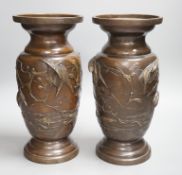 A pair of Japanese bronze vases, Meiji period, 29cms high