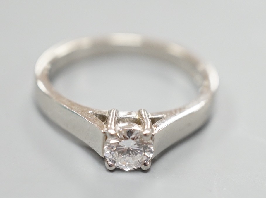 A modern platinum and solitaire diamond ring, size M, gross weight 5.2 grams, the stone diameter 4. - Image 2 of 6