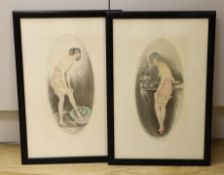 Manner of Louis Icart, two coloured drypoint etchings, Young women undressing, signed in pencil,