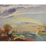 Constance Fenn RCA, NEAC (1933-2001), oil on board, Cyclist beside a lake, signed, 61 x 76cm,