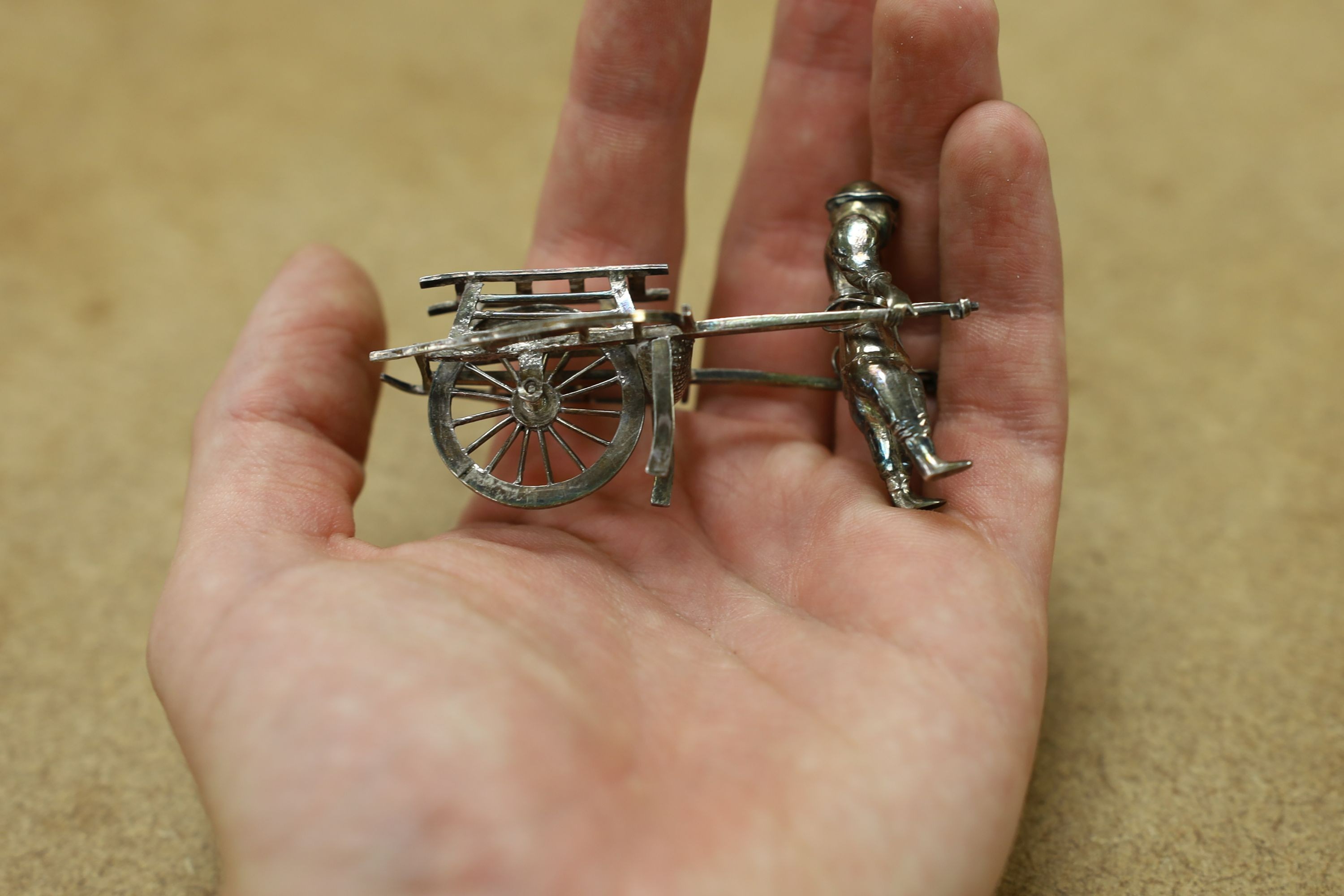 Six assorted miniature white metal items including a Chinese tea kettle on stand (lacking lid), - Image 13 of 19