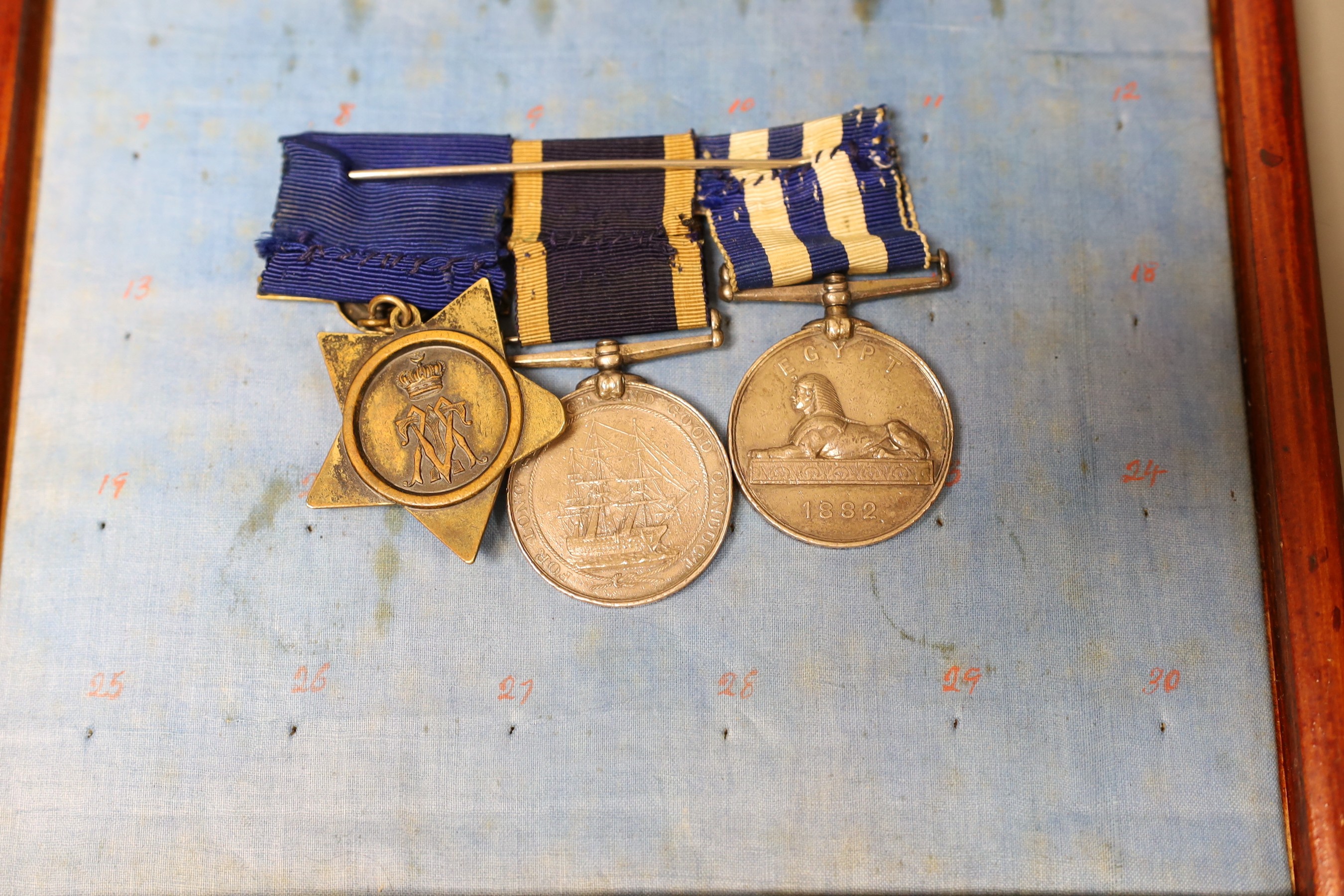 Egypt 1882 medal, Khedive star and Naval Long Service and Good Conduct medal to Wm. Barratt Sergt. - Image 2 of 2