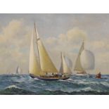 English School, oil on canvas, Racing yachts, indistinctly signed, 45 x 60cm.