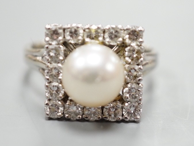 A white metal, cultured pearl and diamond set square cluster ring, size M, gross weight 5.5 grams. - Image 3 of 6