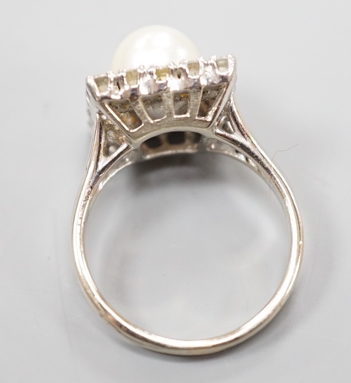 A white metal, cultured pearl and diamond set square cluster ring, size M, gross weight 5.5 grams. - Image 6 of 6