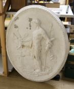 A cast plaster oval figural plaque, 84 cms high,