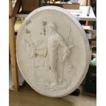 A cast plaster oval figural plaque, 84 cms high,