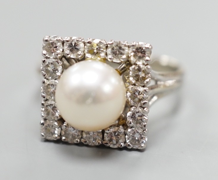 A white metal, cultured pearl and diamond set square cluster ring, size M, gross weight 5.5 grams. - Image 2 of 6