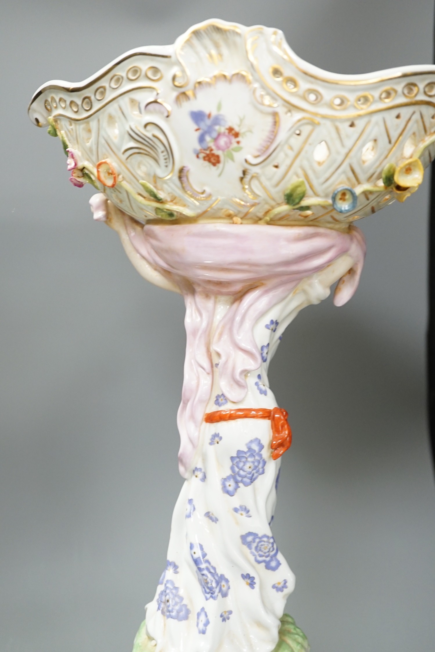 A German floral encrusted porcelain centrepiece and similar easel mirror, tallest 46cm - Image 5 of 5