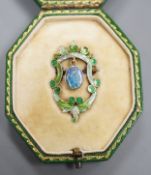 A late Victorian Child & Child yellow metal, green enamel and drop black opal set brooch, 35mm,