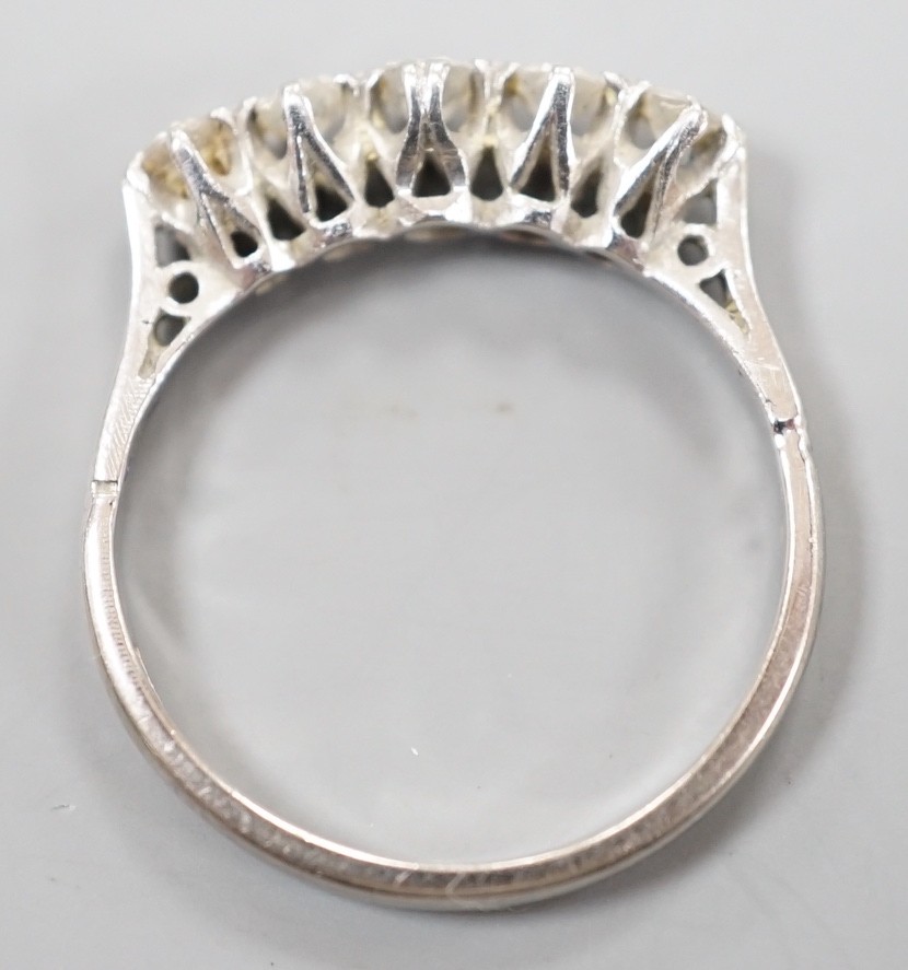 A plat and 18ct five stone diamond set half hoop ring, size K, gross weight 2 grams. - Image 5 of 6