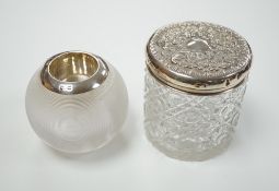 An early 20th century silver mounted ribbed glass match tidy, marks rubbed, height 70mm and a toilet