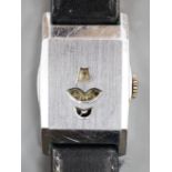 A gentlemen's 1930's? stainless steel jump hour digital manual wind wristwatch, on leather strap.