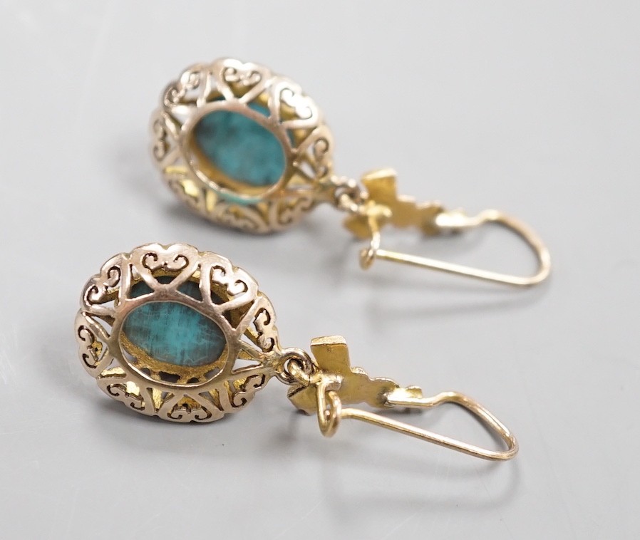 A pair of early 20th century pierced yellow metal and turquoise set drop earrings, 35mm, gross - Image 4 of 4