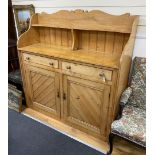 A Victorian pine two drawer buffet, width 152cm depth 48cm height 158cm