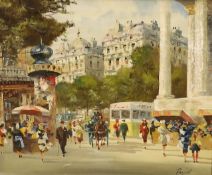 Josep Pujol (Spanish, 1905-1987), oil on canvas, Paris street scene, signed, 50 x 60cm (a.f)