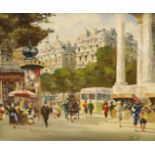 Josep Pujol (Spanish, 1905-1987), oil on canvas, Paris street scene, signed, 50 x 60cm (a.f)