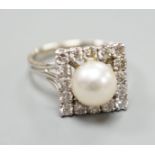 A white metal, cultured pearl and diamond set square cluster ring, size M, gross weight 5.5 grams.