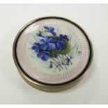 An early 20th century French engine turned white metal and guilloche enamel circular compact with