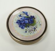An early 20th century French engine turned white metal and guilloche enamel circular compact with