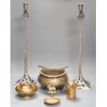 A bronze censer, a pair of secessionist style candle sticks and three other items,bronze censer 20