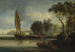 Attributed to William Sadler (1782-1839), oil on wooden panel, Boatmen on a river, Bregazzi label