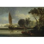 Attributed to William Sadler (1782-1839), oil on wooden panel, Boatmen on a river, Bregazzi label