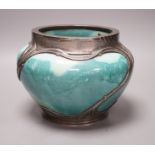 An Art Nouveau Orvit pewter mounted Ruskin style turquoise glazed jardiniere, 18cms high