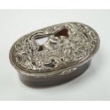 A 19th century continental white metal mounted banded agate oval snuff box, decorated with figures