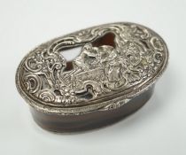 A 19th century continental white metal mounted banded agate oval snuff box, decorated with figures