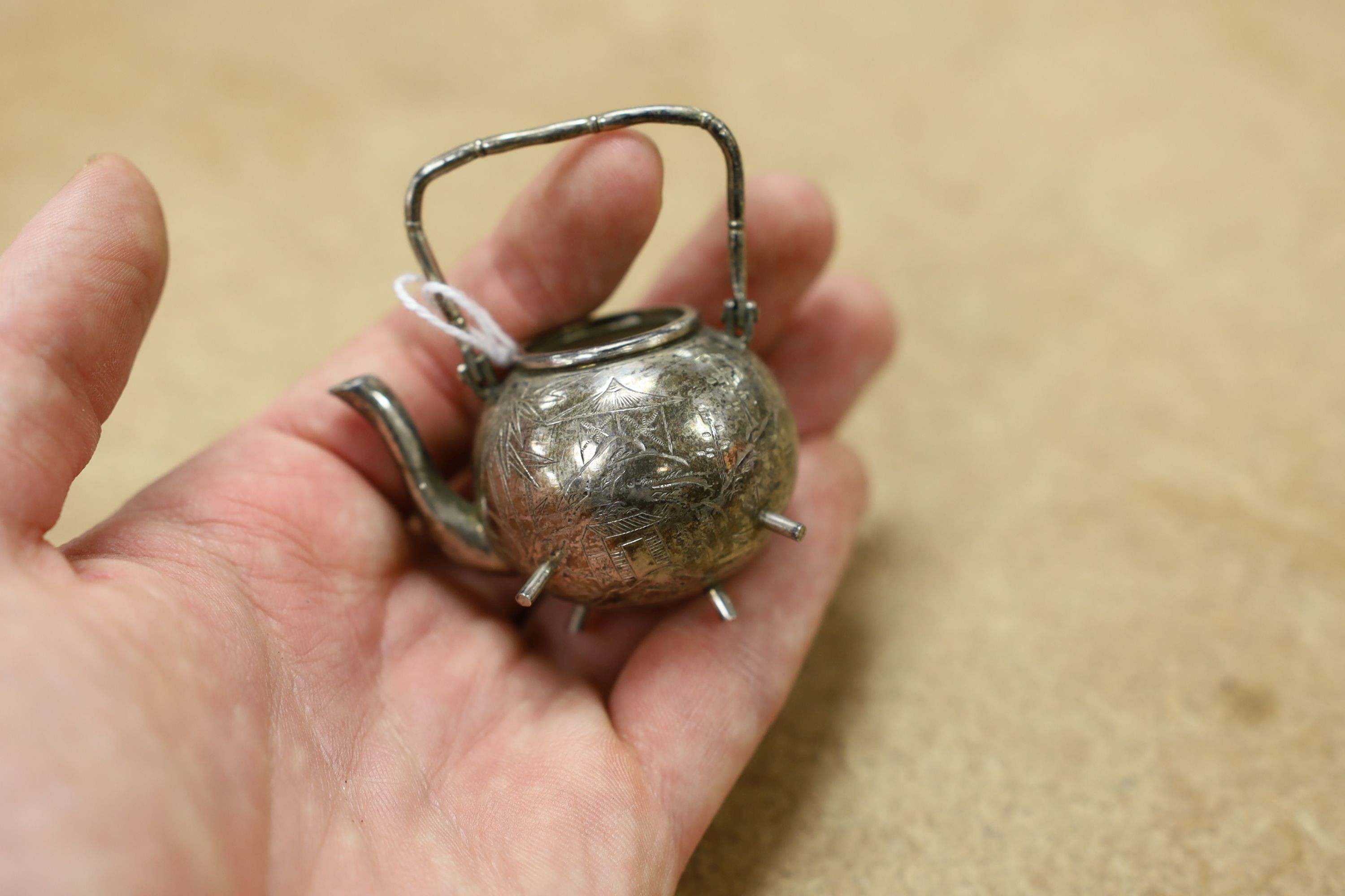 Six assorted miniature white metal items including a Chinese tea kettle on stand (lacking lid), - Image 17 of 19