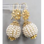 A pair of 19th century filigree yellow metal and multi seed pearl set spherical drop earrings, 34mm,