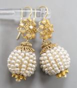 A pair of 19th century filigree yellow metal and multi seed pearl set spherical drop earrings, 34mm,