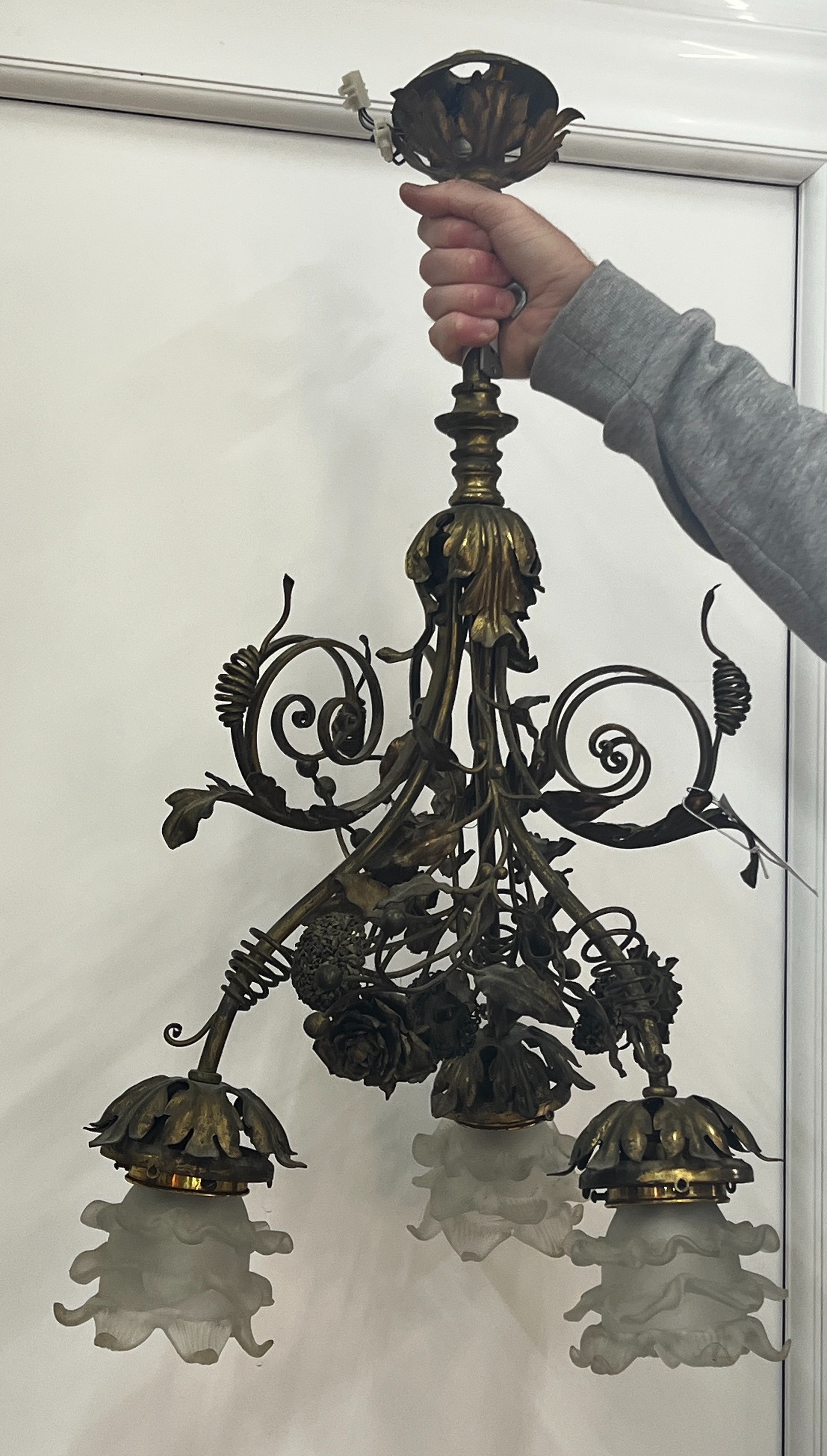 An early 20th century French brass three branch ceiling light with opaque glass shades, height 68cm - Bild 3 aus 3