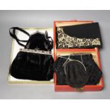 A 19th century cut steel, black velvet bag, a1940’s-50’s diamanté handled clutch bag, 1930’s