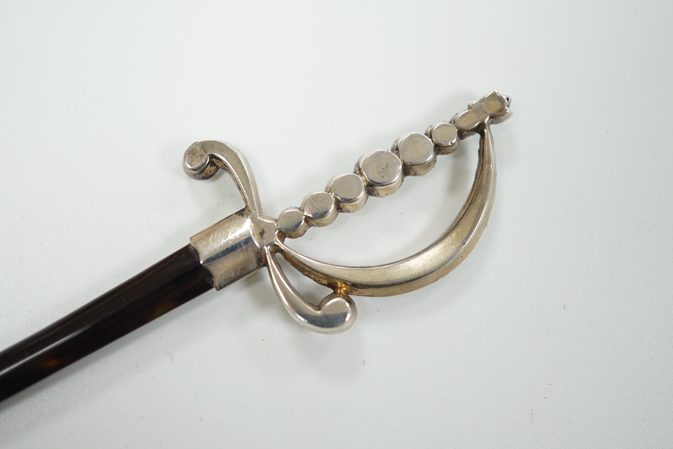 An early 20th century white metal and paste mounted tortoiseshell model of a court sword, 17.7cm, in - Image 4 of 5