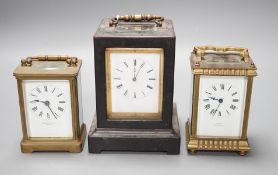 A mid 19th century French ebony veneered carriage clock, 16cm high with J. Cramp Horsham retailers