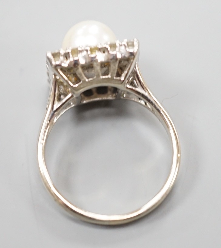 A white metal, cultured pearl and diamond set square cluster ring, size M, gross weight 5.5 grams. - Image 5 of 6