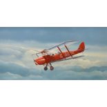 Peter Champion, oil on board, Bi-plane in flight, signed, 40 x 75cm