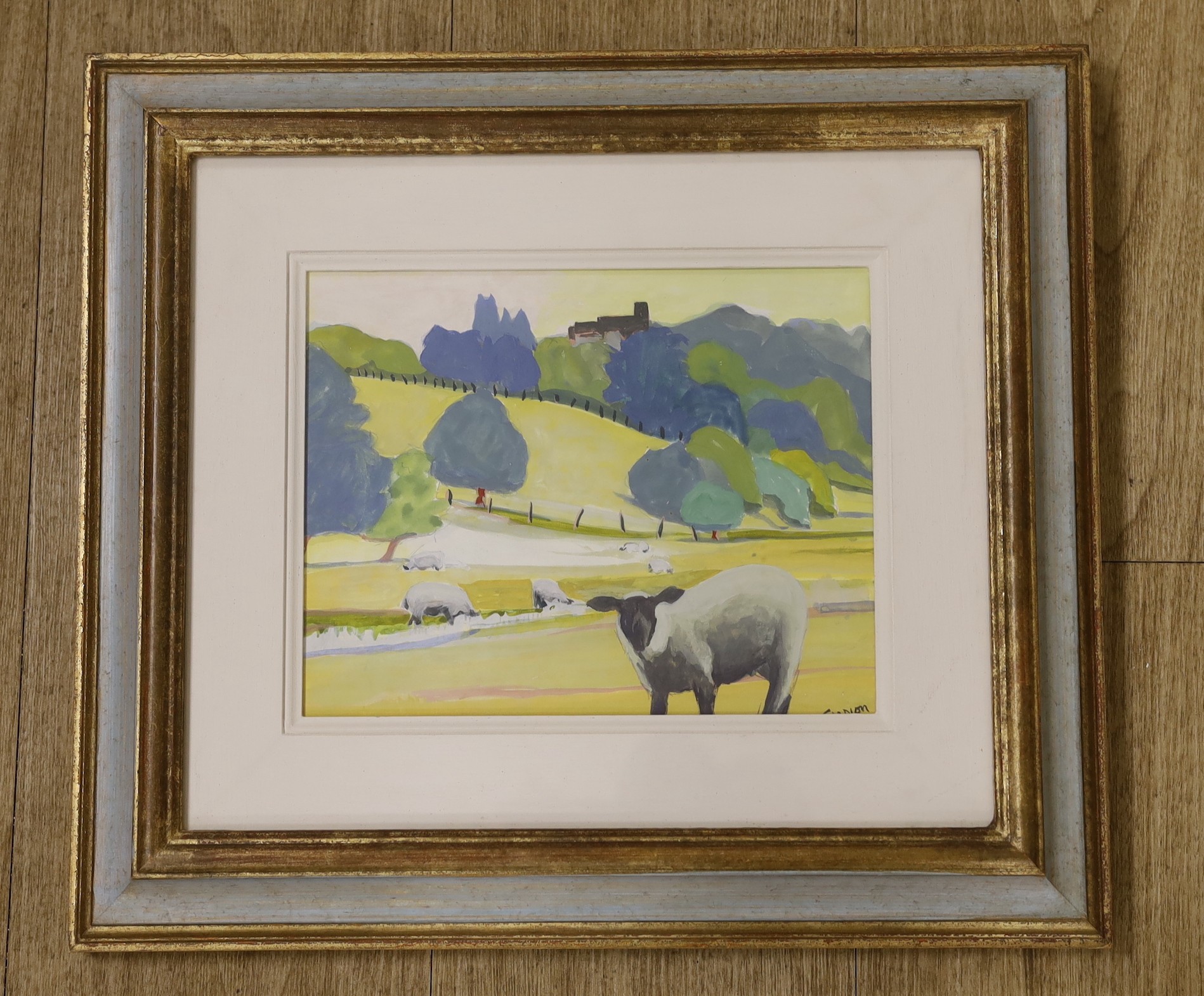 Sue Campion R.B.A, gouache, Field of sheep near Bridgnorth, signed, 19 x 24cm - Image 2 of 2